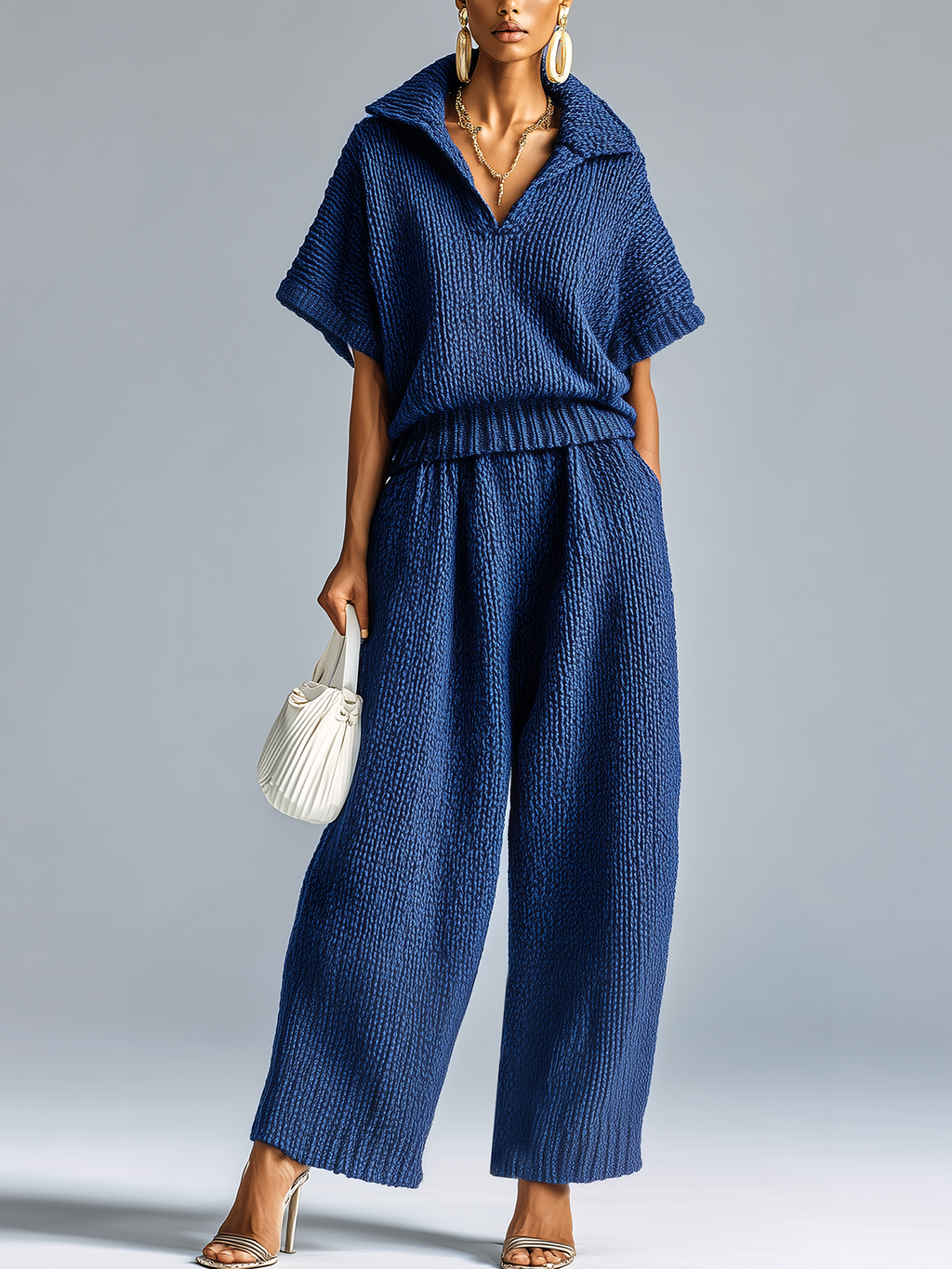 Fashion Casual Dark Blue Lapel V-neck Short-Sleeve Loose Sweater Wide-Leg Pants Knit Two-Piece Set