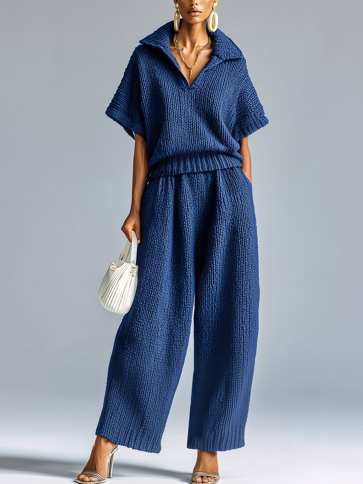 Fashion Casual Dark Blue Lapel V-neck Short-Sleeve Loose Sweater Wide-Leg Pants Knit Two-Piece Set