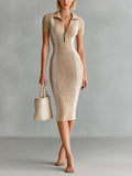 Chic Elegant Light Camel-White Colorblock Zipper-Up Lapel Collar Short-Sleeve Slim-Fit Ribbed Knit Midi Dress