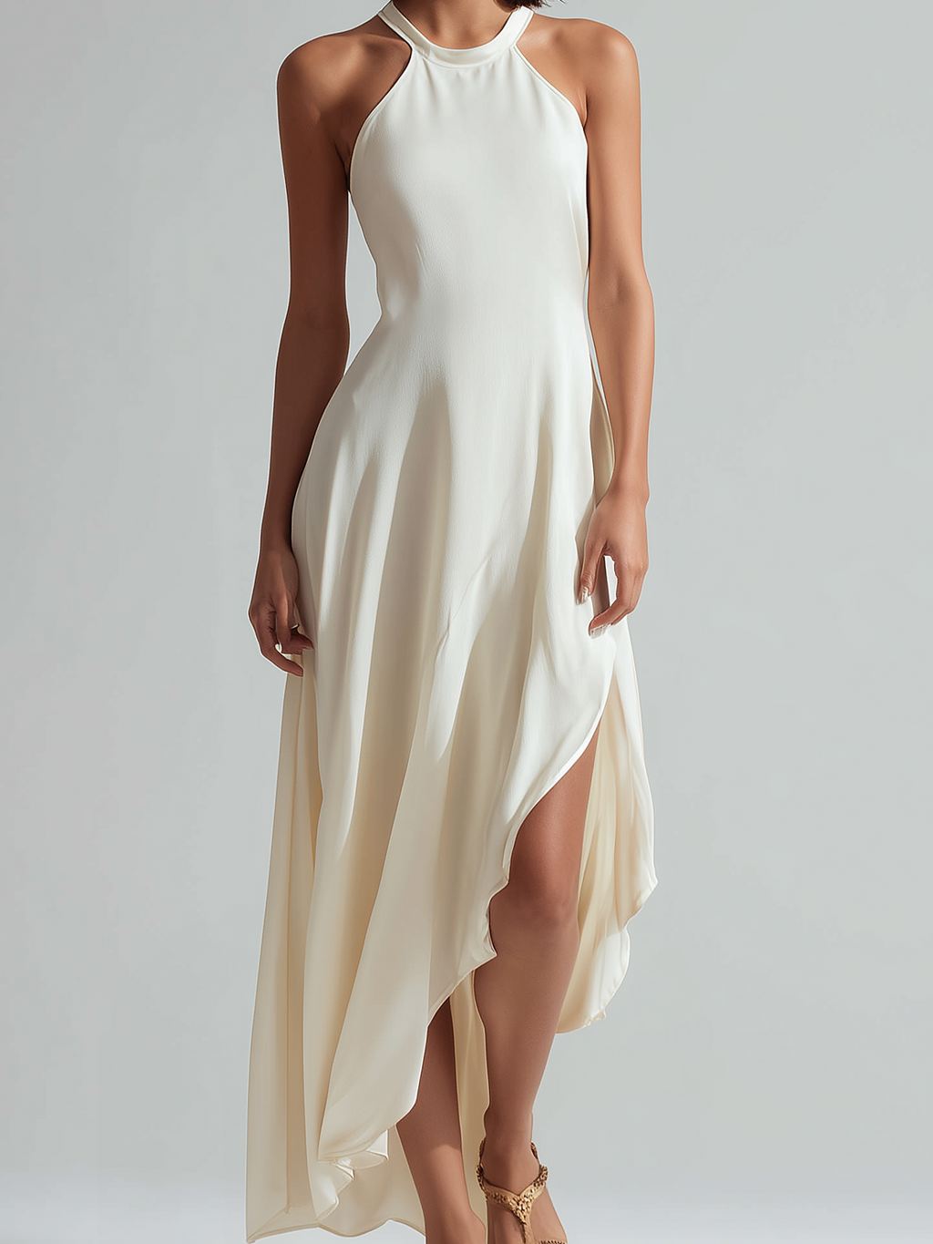 Chic Elegant White Round-Neck Halter-neck Sleeveless Slim-Fit Side-Slit Satin Maxi Dress