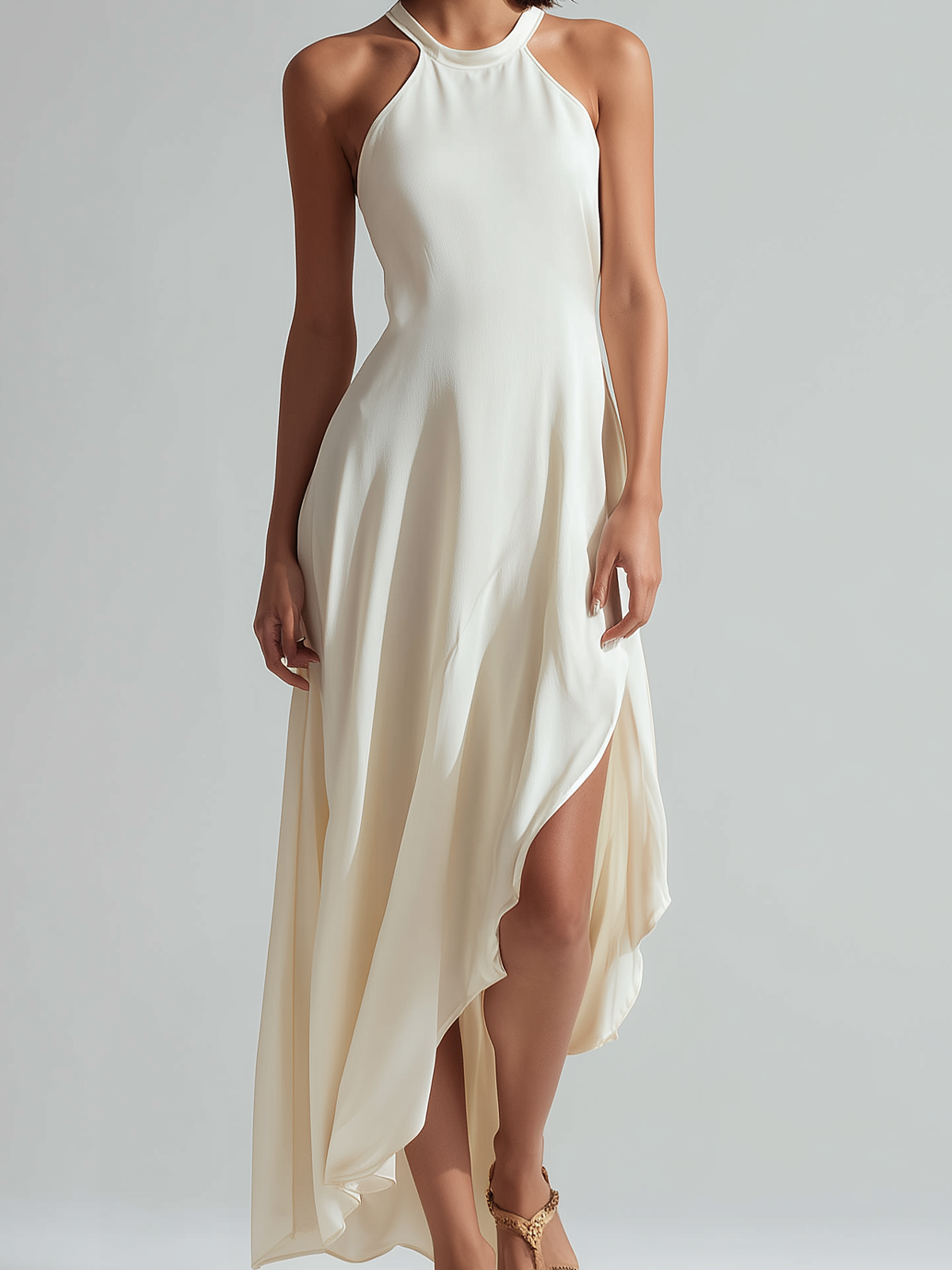 Chic Elegant White Round-Neck Halter-neck Sleeveless Slim-Fit Side-Slit Satin Maxi Dress