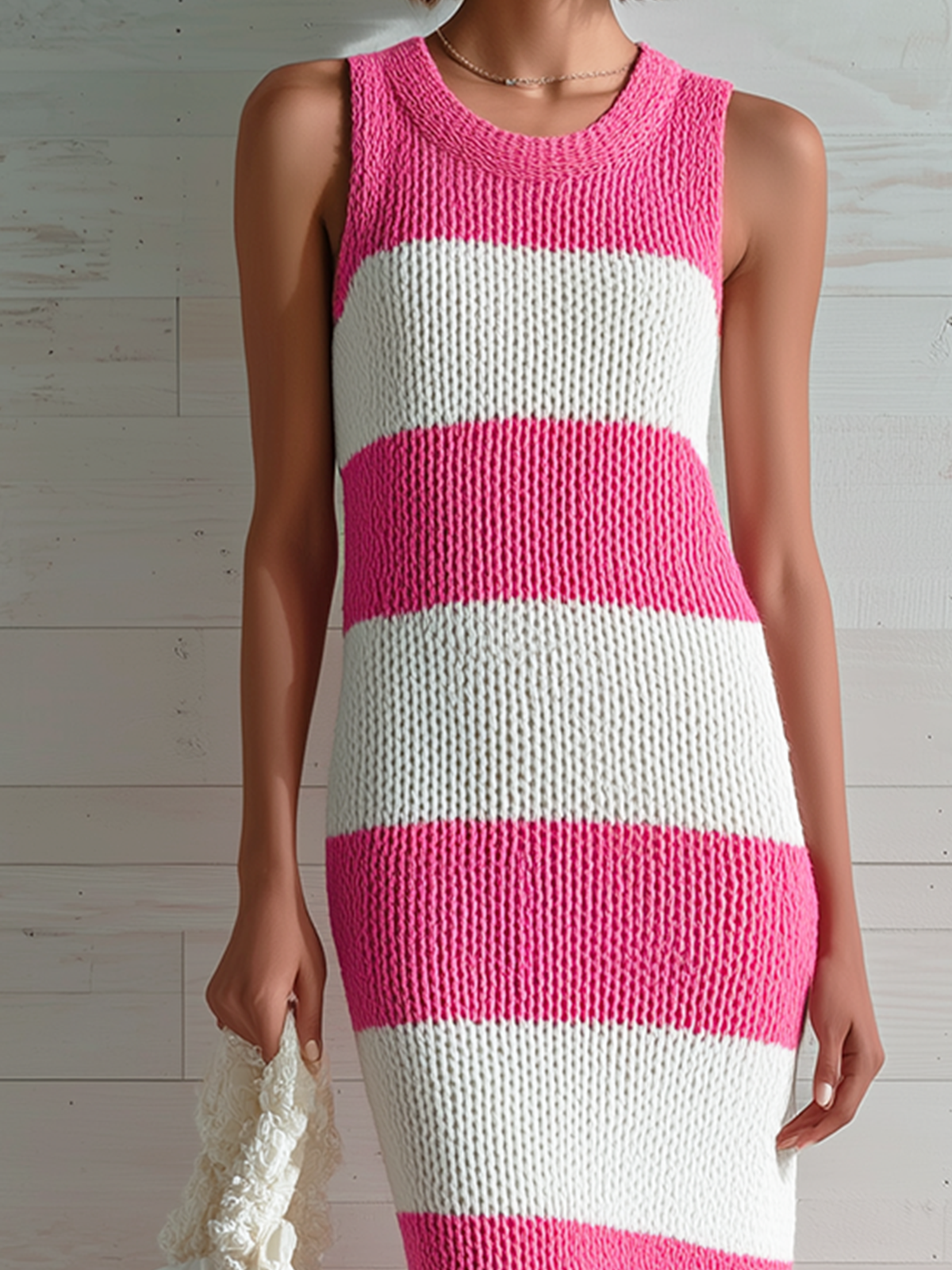 Chic Elegant White-Pink Striped Round Neck Sleeveless Slim Fit Side-Slit Ribbed Knit Maxi Dress