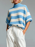 Fashion Casual Blue -White Striped High-Neck Short-Sleeve Knit Sweater Top