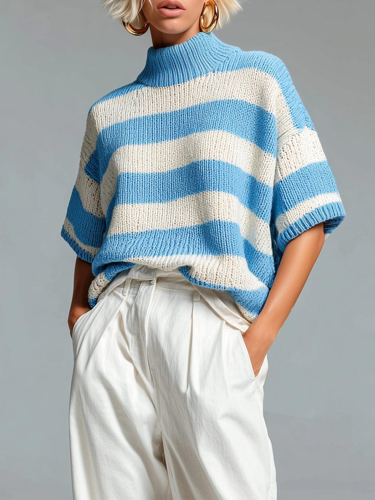 Fashion Casual Blue -White Striped High-Neck Short-Sleeve Knit Sweater Top