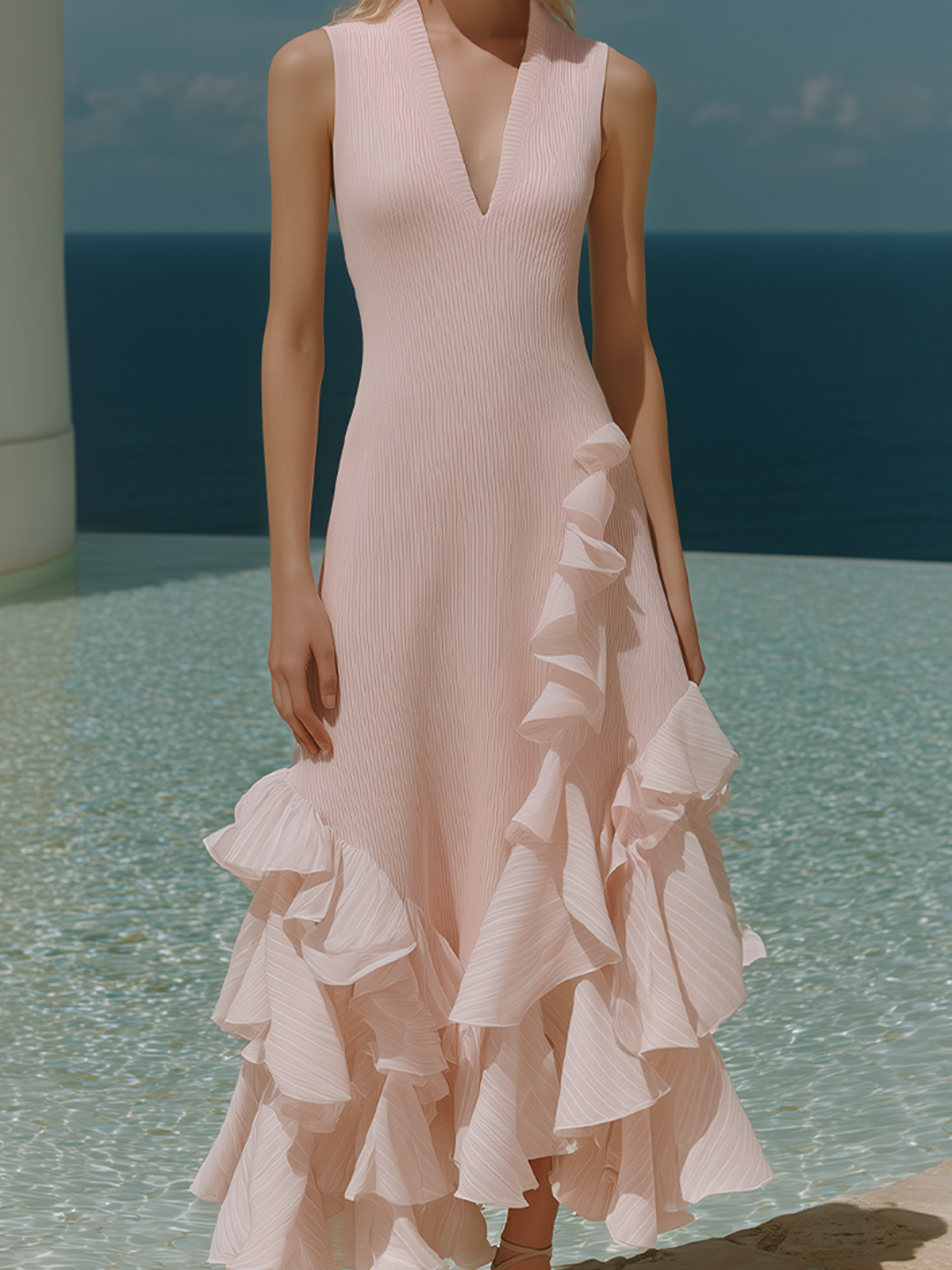 Chic Elegant Pink V-Neck Sleeveless Slim-Fit  Chiffon Ruffle Patchwork Detail Knit Maxi Dress