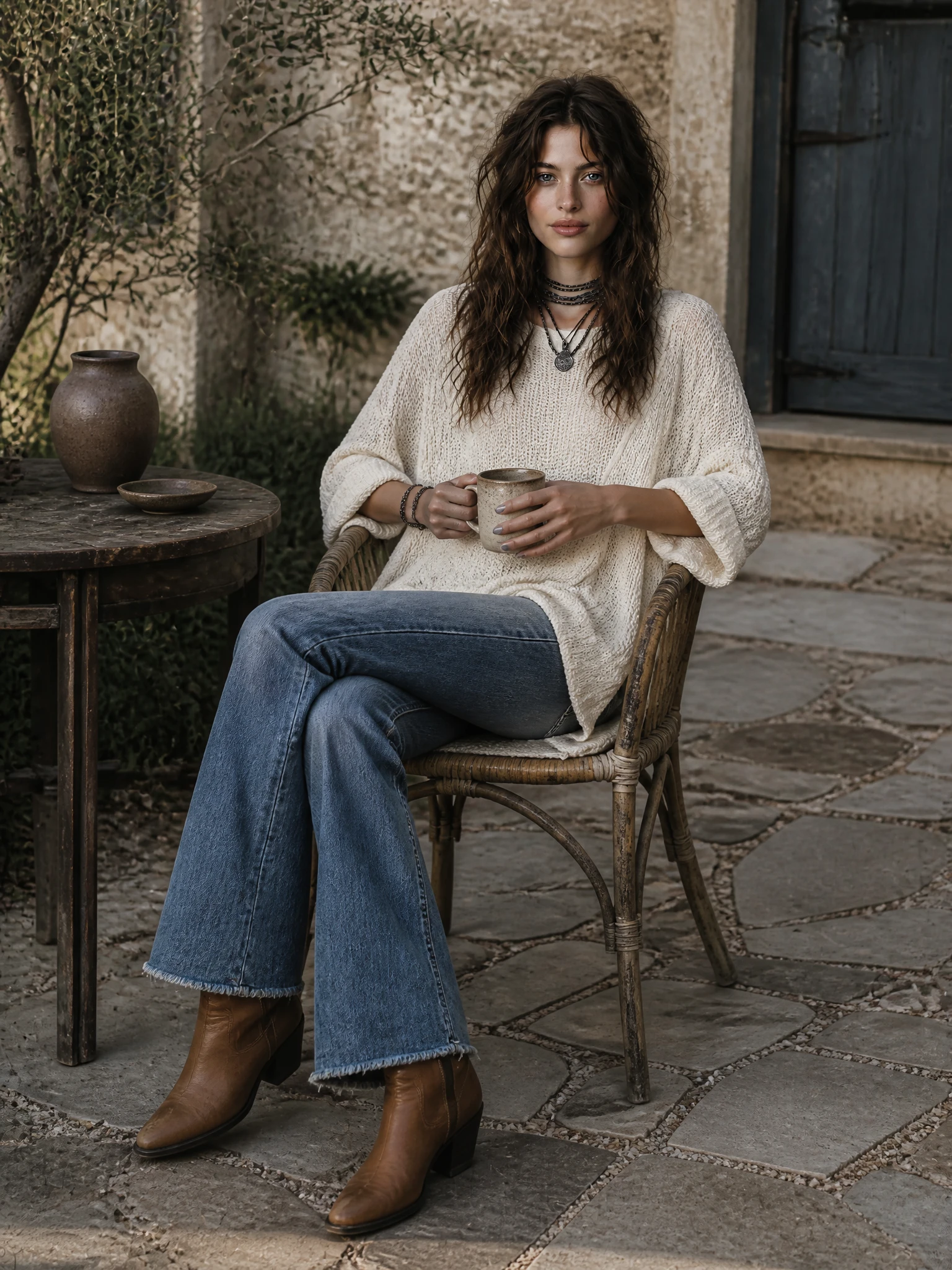 Chic Casual Off-White Round-Neck Dropped Shoulder Long Sleeves Asymmetric Hem Loose-Fit Knit Sweater Top