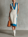 Chic Elegant White-Blue Colorblock V-Neck Sleeveless Loose-Fit Knit Midi Dress