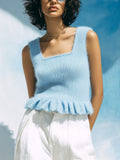 Chic Casual Blue Square Neck Sleeveless Pleated Hem Slim-Fit Ribbed Fuzzy Knit Tank Top