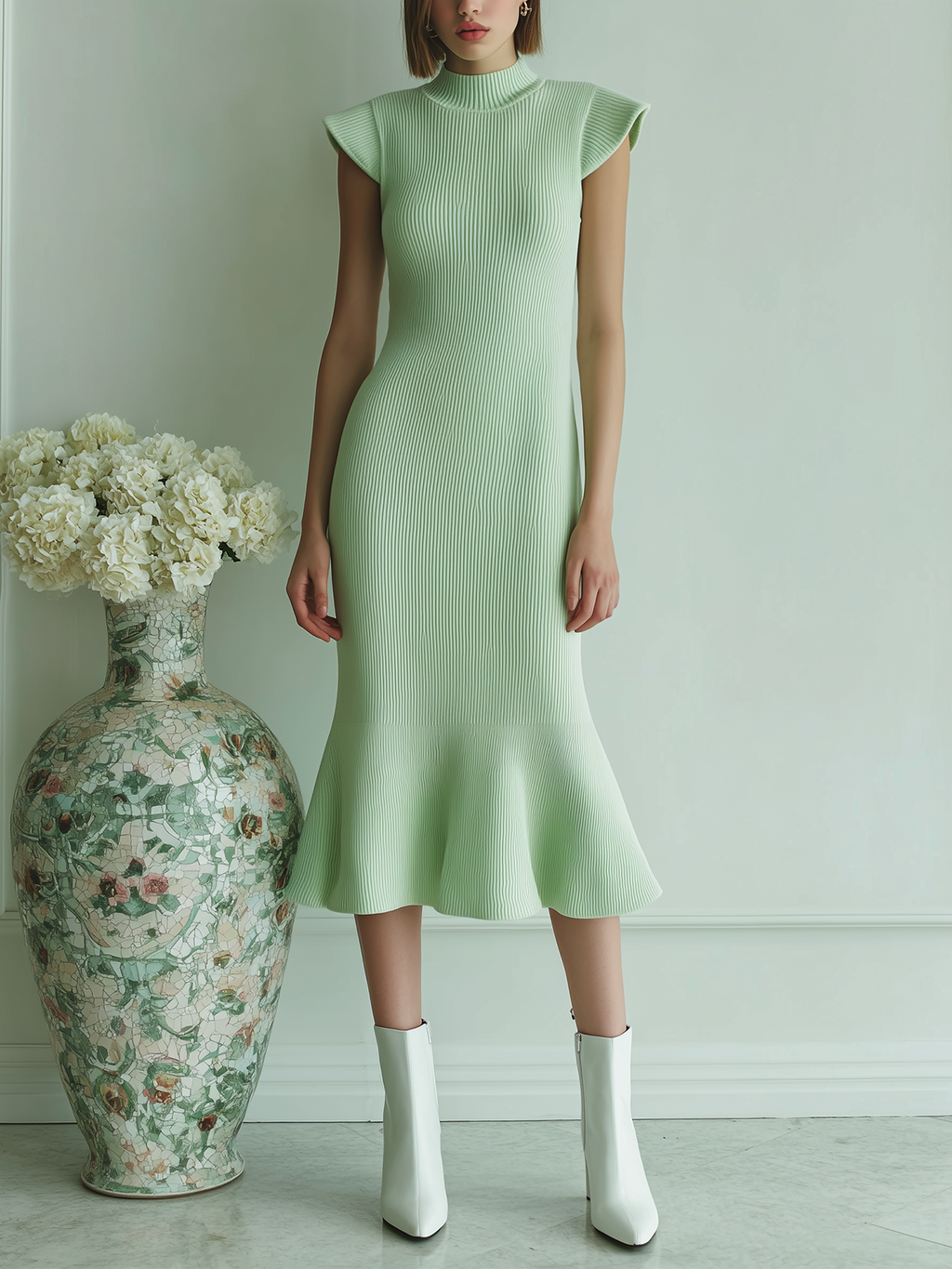 Chic Vintage Light Green Stand Collar Little Flying Sleeve Flared Hem Fit Knit Dress
