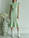 Chic Vintage Light Green Stand Collar Little Flying Sleeve Flared Hem Fit Knit Dress