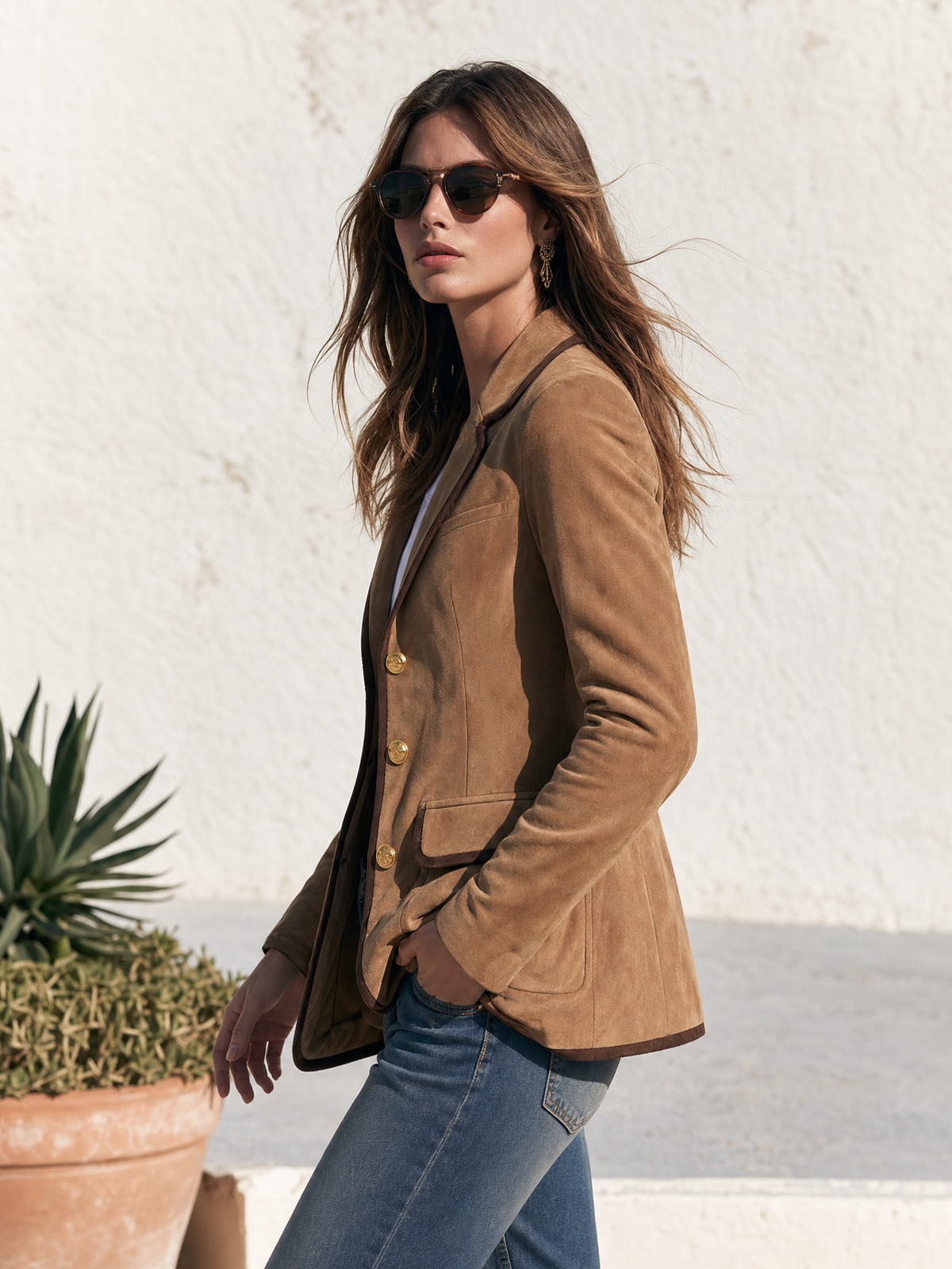 Retro-style Color-blocked Trim Multi-pocket Faux Suede Blazer