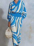 Chic Elegant Blue-White Colorblock Jacquard V-Neck Short-Sleeve Loose Vest Bodycon Midi Skirt Knit Two-Piece Set