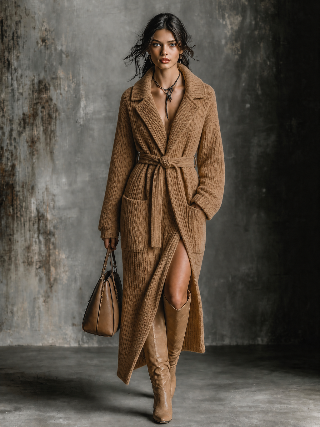 Chic Casual Camel Notched Lapel Collar Long-Sleeve Patch Pockets Belted Loose-Fit Ribbed Knit Maxi Cardigan