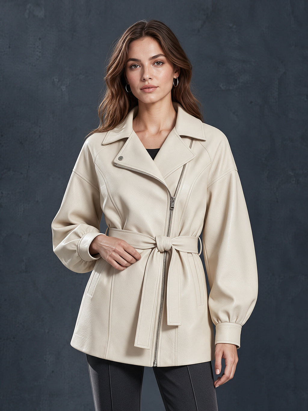 Chic Elegant Cream White Faux Leather Notched Lapel Zipper-Placket Long-Sleeve Belted Loose-Fit Coat
