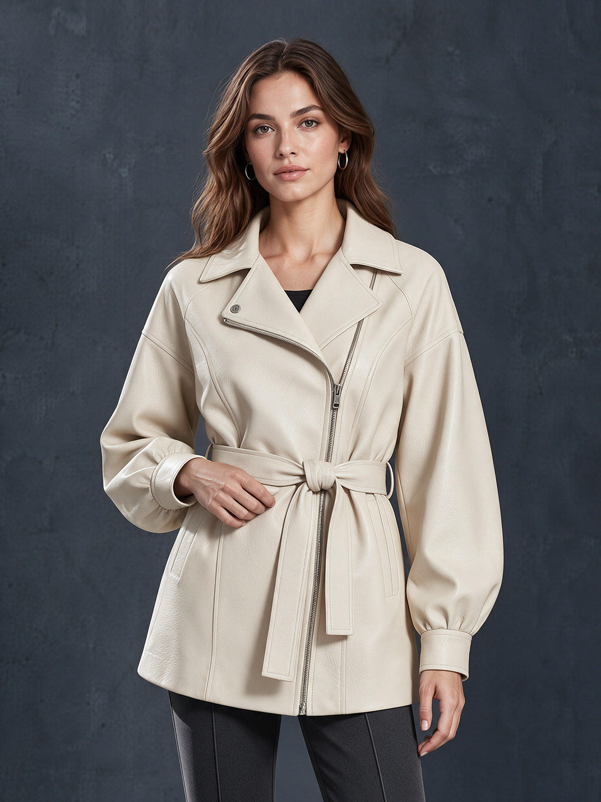 Chic Elegant Cream White Faux Leather Notched Lapel Zipper-Placket Long-Sleeve Belted Loose-Fit Coat