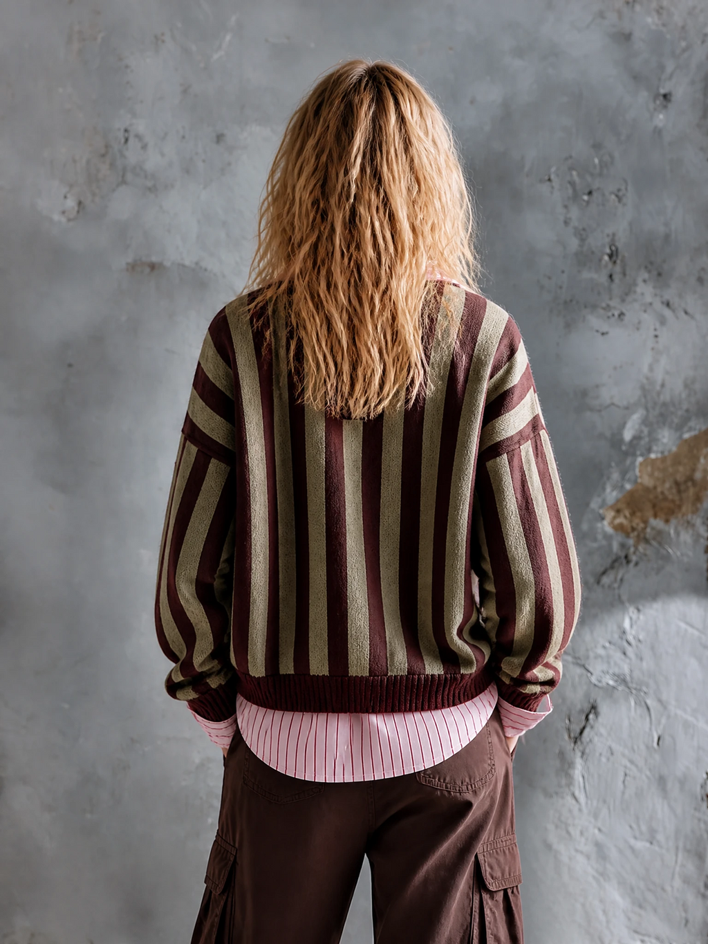 Chic Casual Olive Green-Burgundy Stripes Lapel Collar Button-Up Long-Sleeve Loose-Fit Wool Blend Knit Sweater