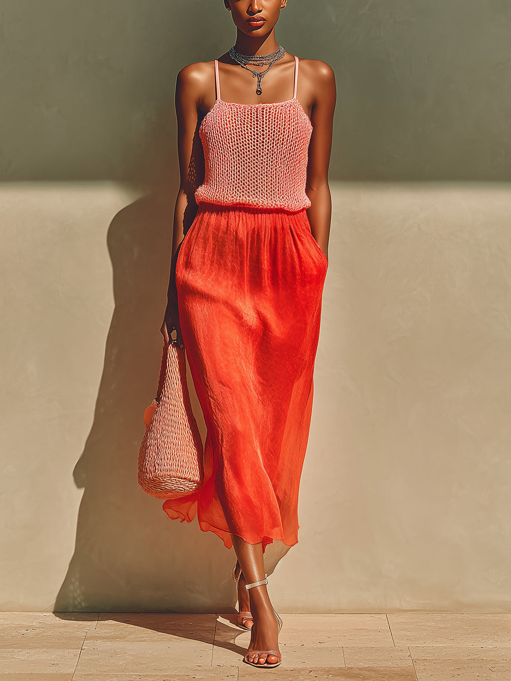Chic Elegant Pink Square Neck Sleeveless Knit Camisole Red Elastic Waist Satin Midi Skirt Two-Piece Set