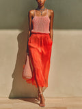 Chic Elegant Pink Square Neck Sleeveless Knit Camisole Red Elastic Waist Satin Midi Skirt Two-Piece Set