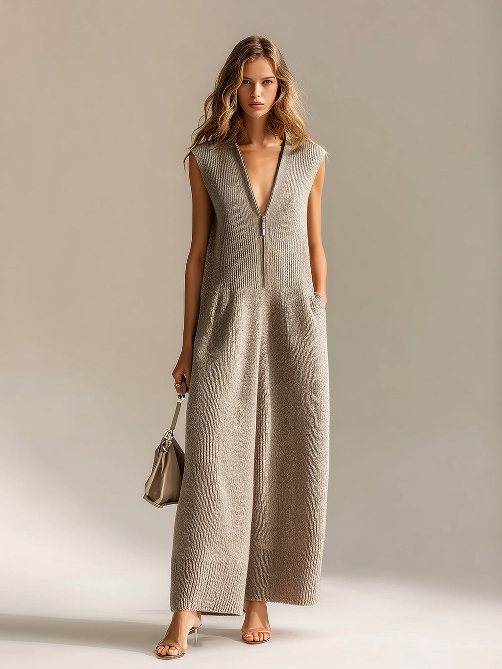 Chic Elegant Camel Deep V-Neck Zipper-Front Sleeveless Oversize Ribbed Knit Jumpsuit