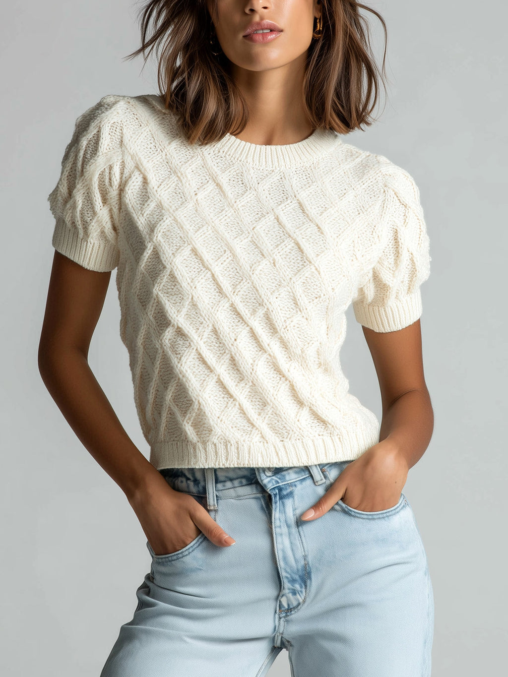 Chic Elegant Cream White 3D Diamond Pattern Jacquard Round-Neck Short-Sleeve Cropped Knit Sweater Top
