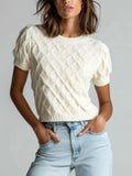 Chic Elegant Cream White 3D Diamond Pattern Jacquard Round-Neck Short-Sleeve Cropped Knit Sweater Top