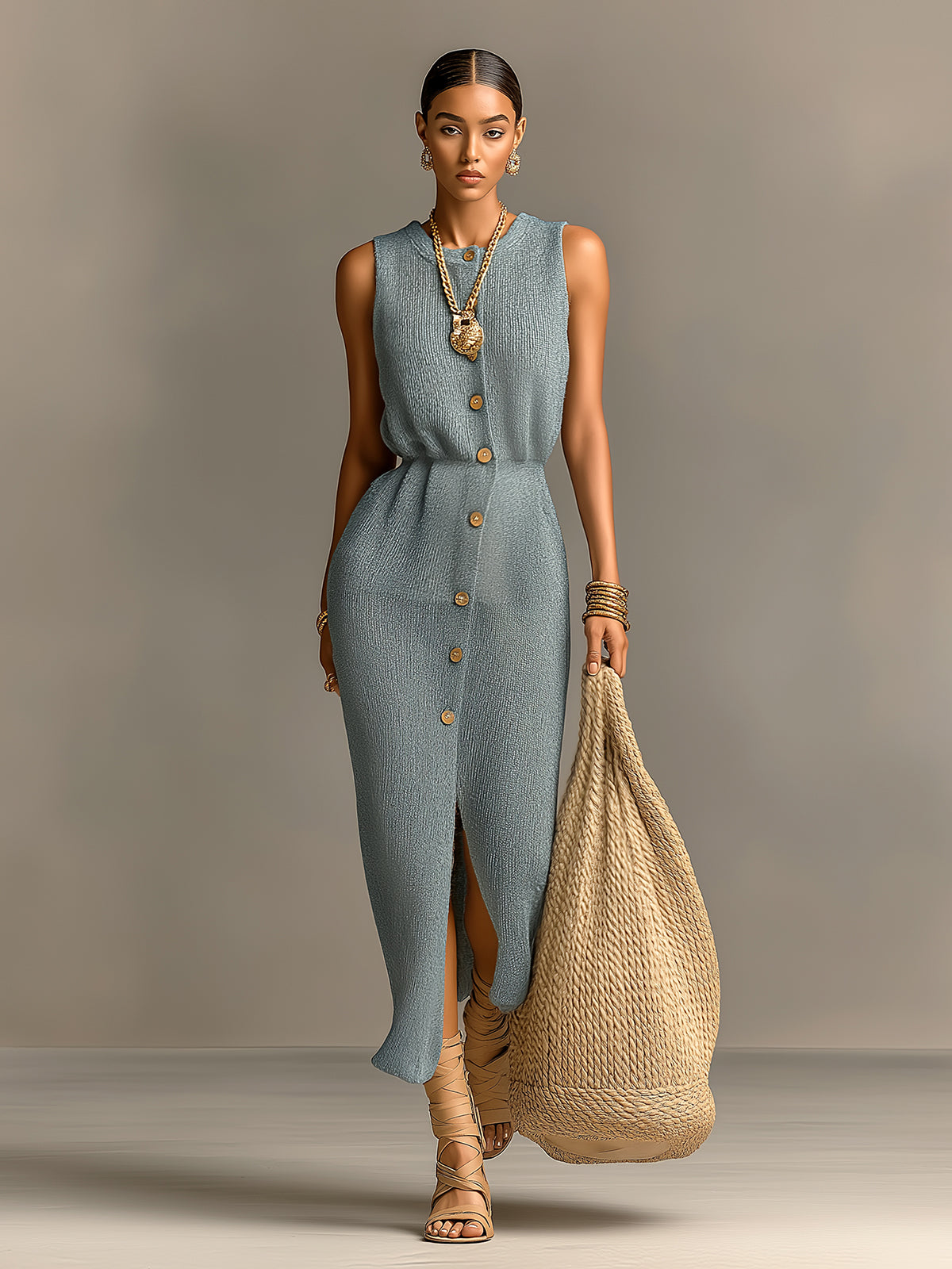 Chic Elegant Haze Blue Round Neck Single-Breasted Sleeveless Loose-Fit Tailored Waist Knit Maxi Dress