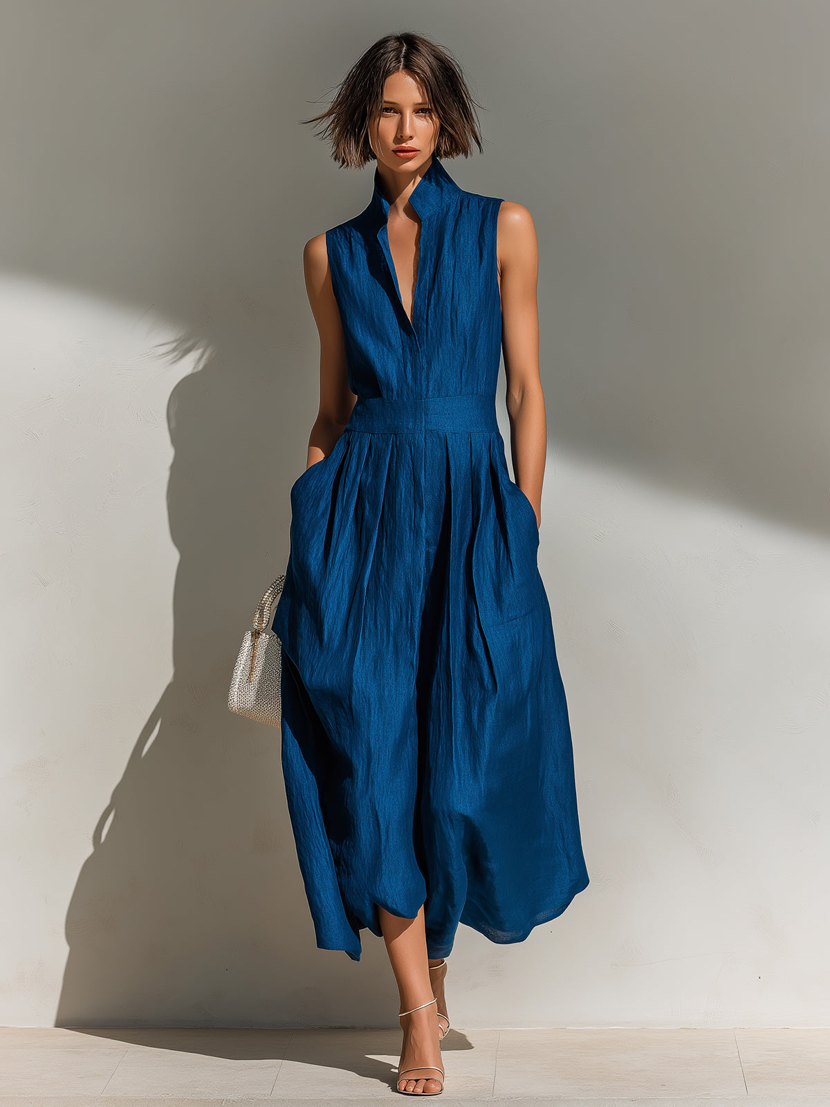 Chic Elegant Royal Blue Cotton Linen Blend Stand-Collar V-Neck Sleeveless Tailored-Waist Maxi Dress