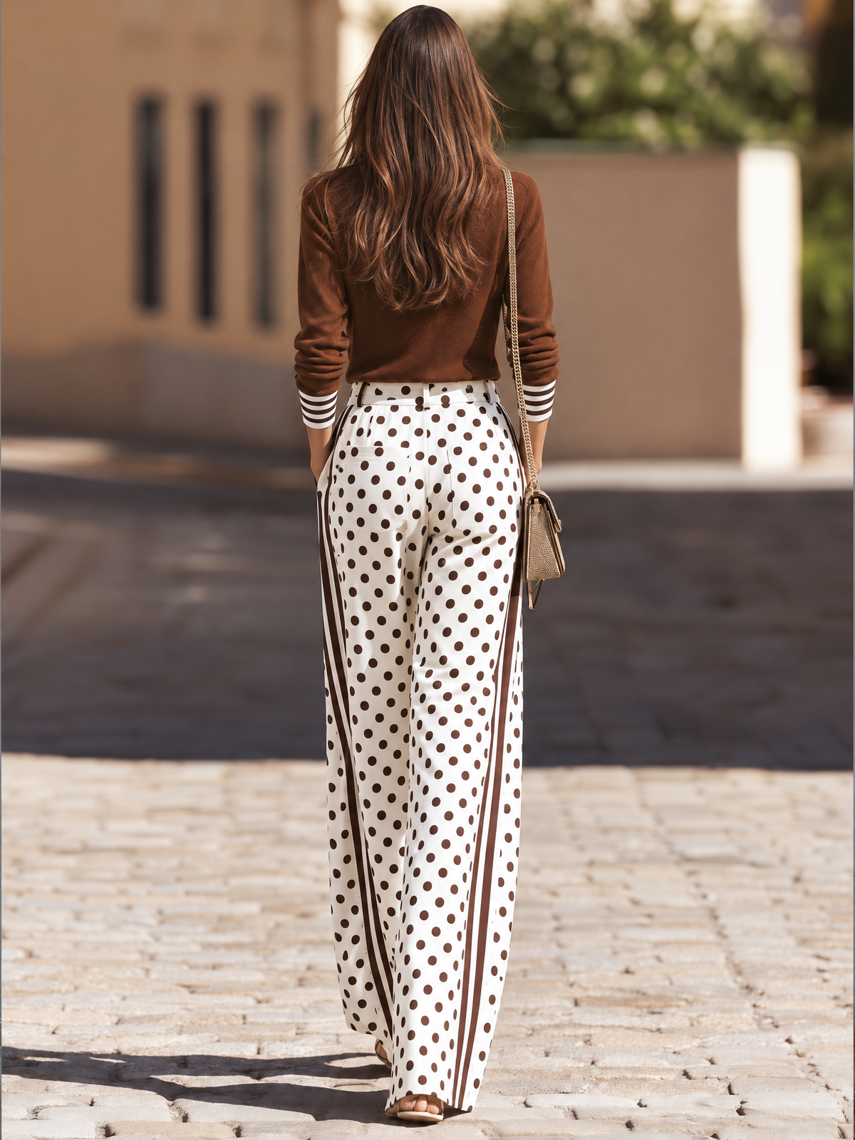 Vacation-style V-neck Long-sleeve Top And Polka-dot Trousers Set