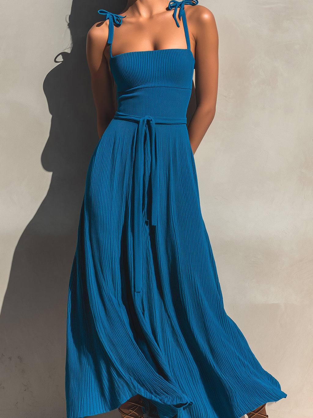 Chic Elegant Dark Blue Spaghetti Straps Square Neck Sleeveless Tie-Waist A-Line Ribbed Knit Maxi Dress