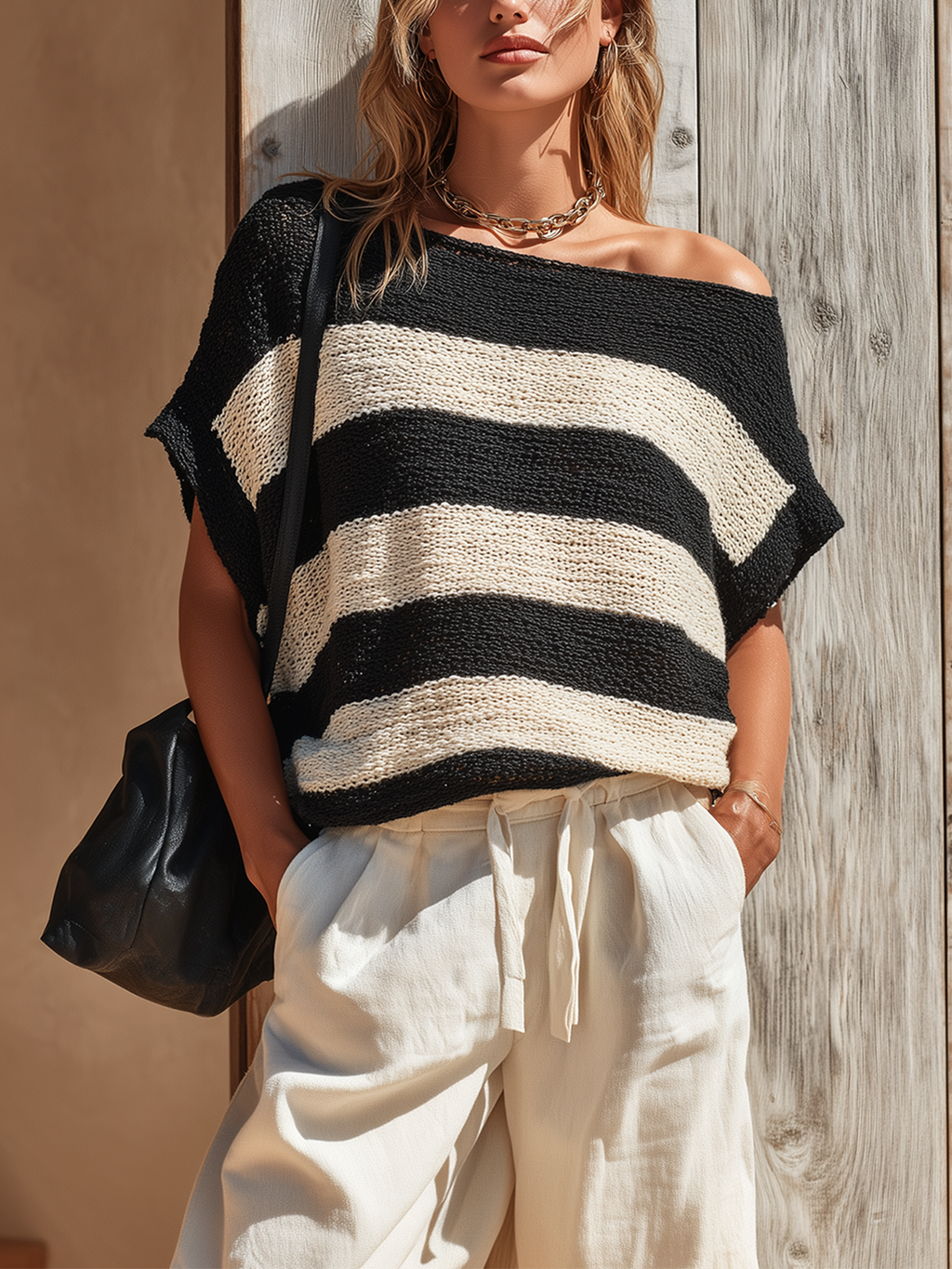 Chic Casual Black -White Striped Off-Shoulder Short-Sleeve Loose-Fit  Knit Sweater Top