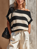 Chic Casual Black -White Striped Off-Shoulder Short-Sleeve Loose-Fit  Knit Sweater Top