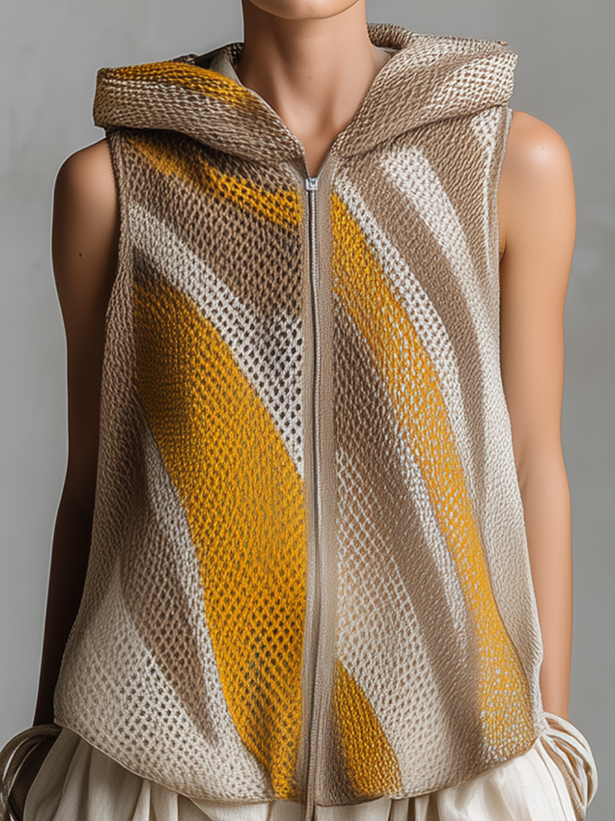 Chic Elegant Brown-Yellow Colorblock Jacquard Hood Sleeveless Zipper-Placket Loose-Fit Knit Vest Top