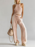 Fashionable Elegant Pink High-Neck Sleeveless Loose Vest Pink-White Striped Wide-Leg Pants Knit Two-Piece Set