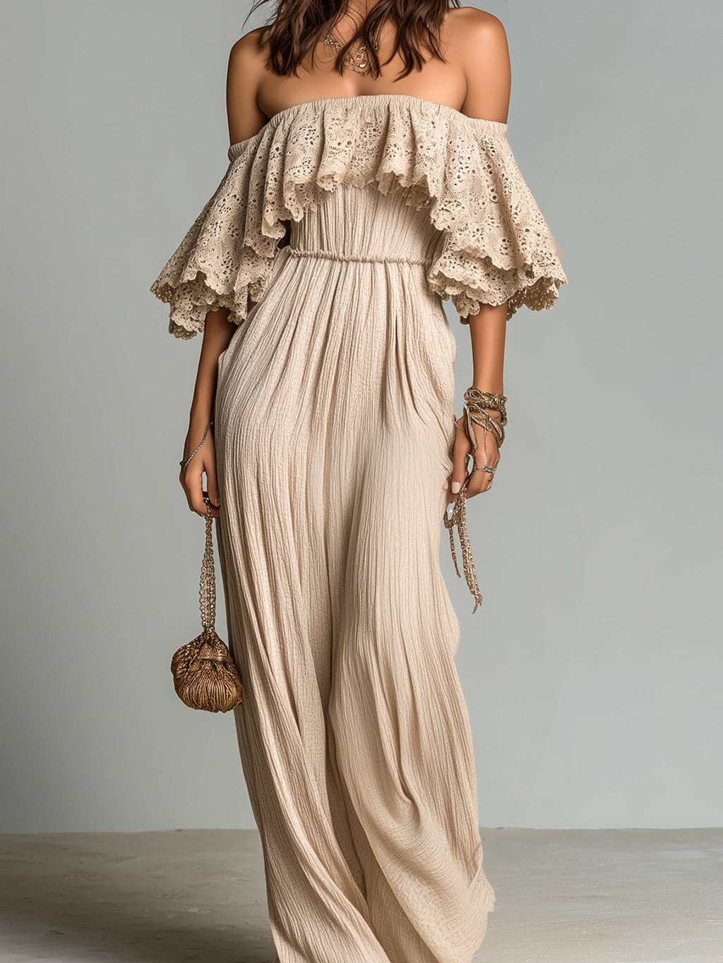 Chic Elegant Apricot Cotton Blend Off-The-Shoulder Short-Sleeve Lace Detail Elastic Waist Pleated Maxi Dress