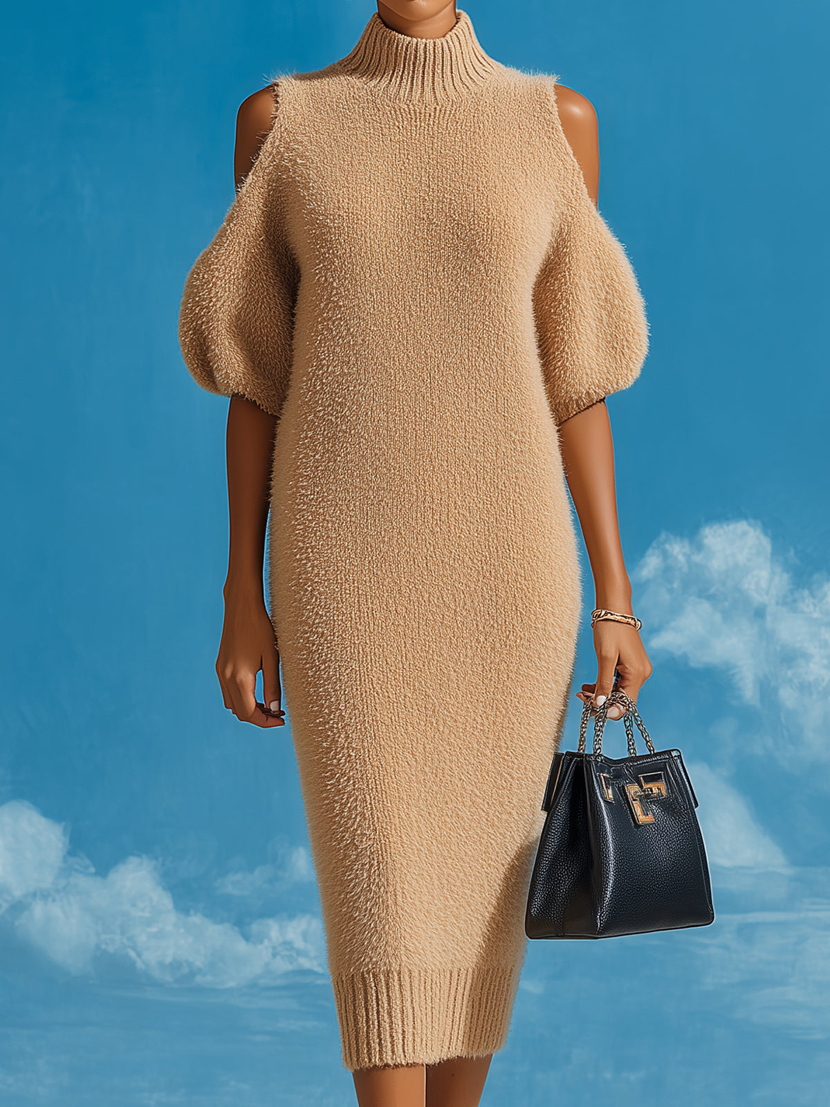 Chic Vintage Camel Mock Neck Cold Shoulder Short Sleeve Oversized Knit Midi Dress