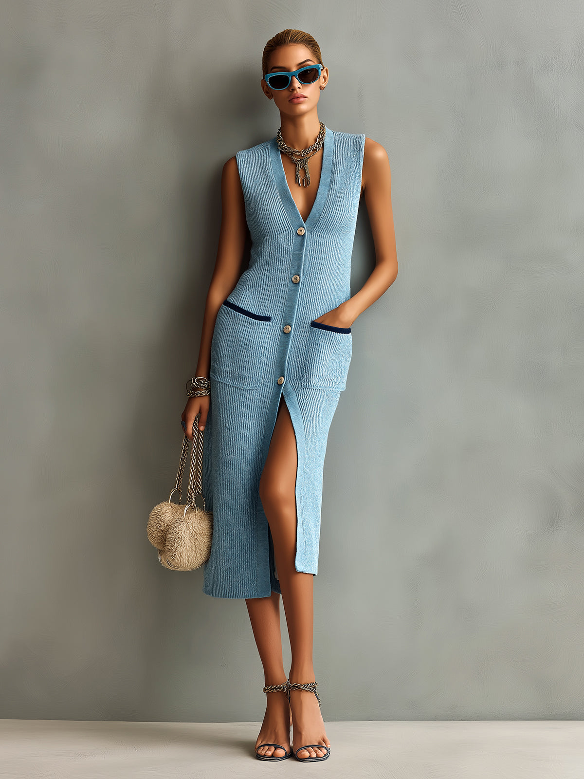 Chic Elegant Blue V-Neck, Single-Breasted, Sleeveless, Patch-Pocket, Slim-Fit Knit Midi Dress