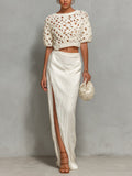 Chic Elegant Cream White Round Neck Half Sleeve Loose-Fit Hollow Out Cropped Top Striped Side-Slit Maxi Skirt Two-Piece Set