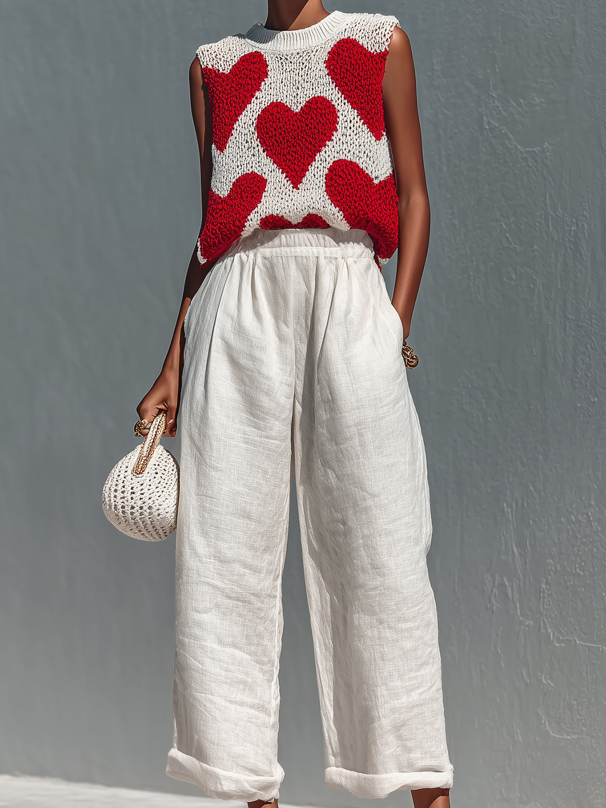 Chic Elegant Red-White Heart Jacquard Round-Neck Loose-Fit Knit Vest Top White Linen Wide-Leg Pants Two-Piece Set