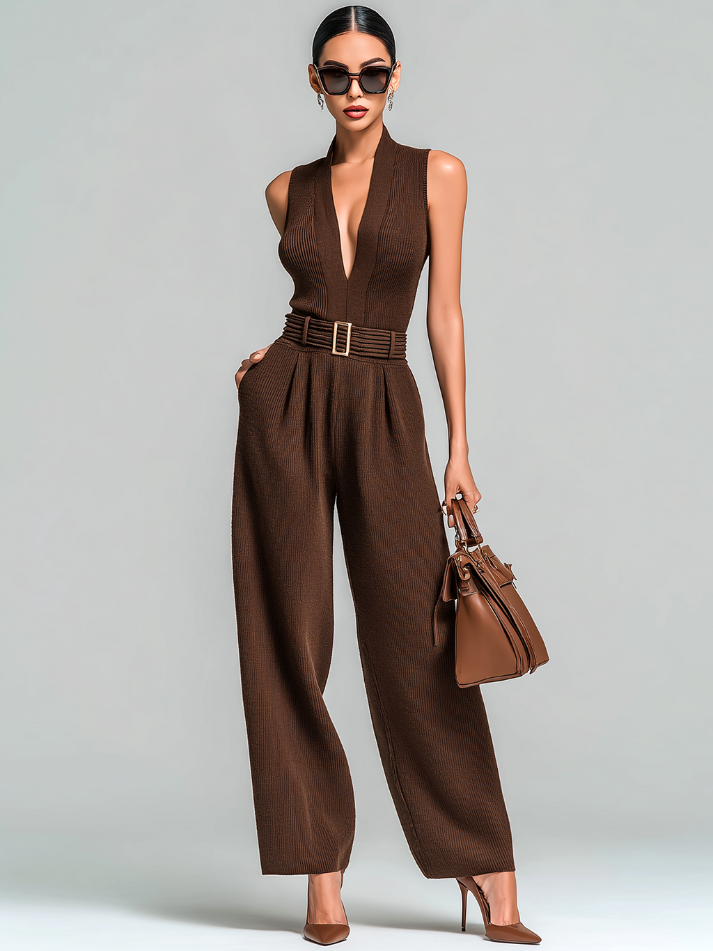 Stylish Elegant Brown Slim-Fit V-Neck Waist Tie Wide Leg Knit Jumpsuit