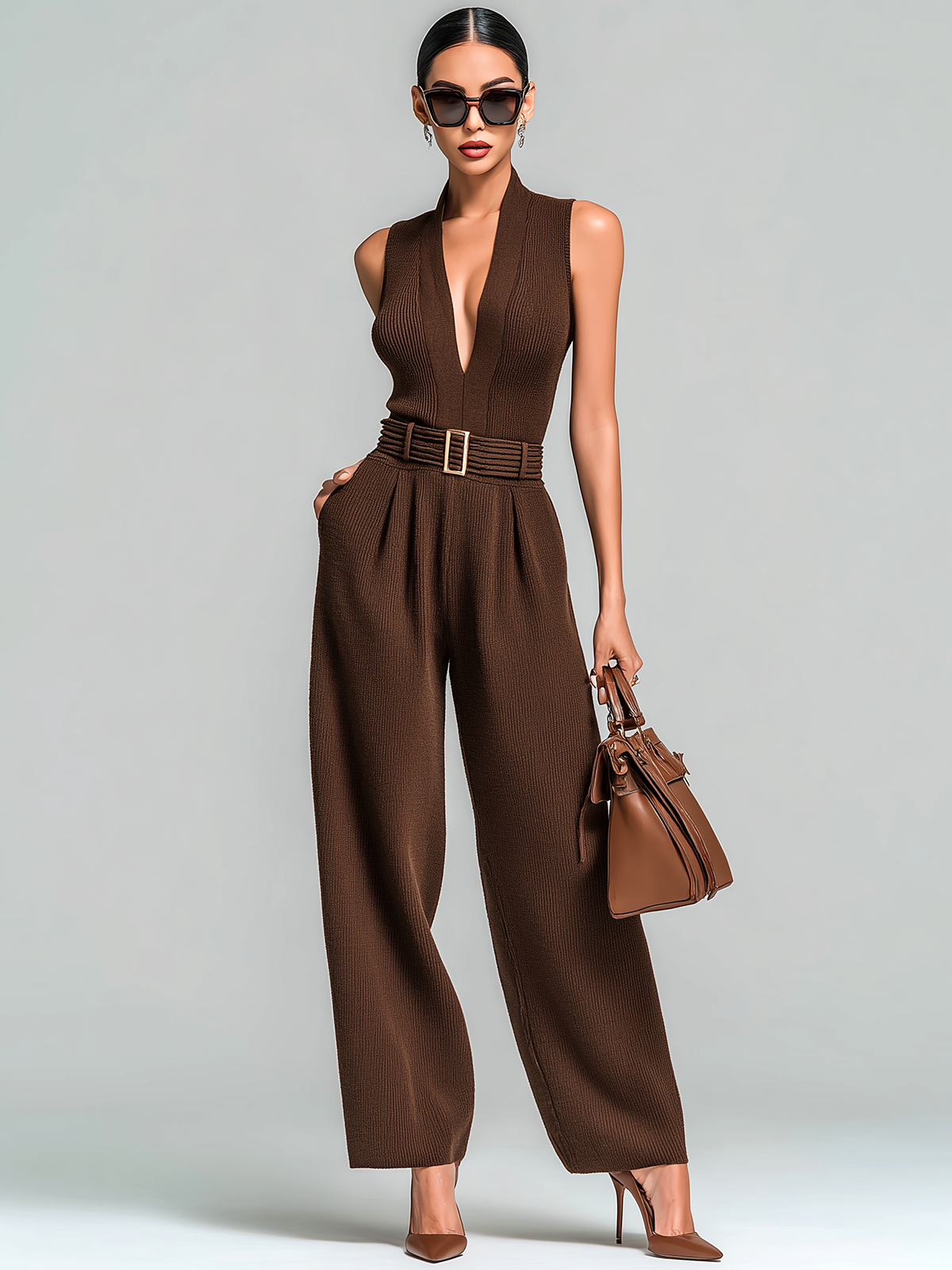 Stylish Elegant Brown Slim-Fit V-Neck Waist Tie Wide Leg Knit Jumpsuit