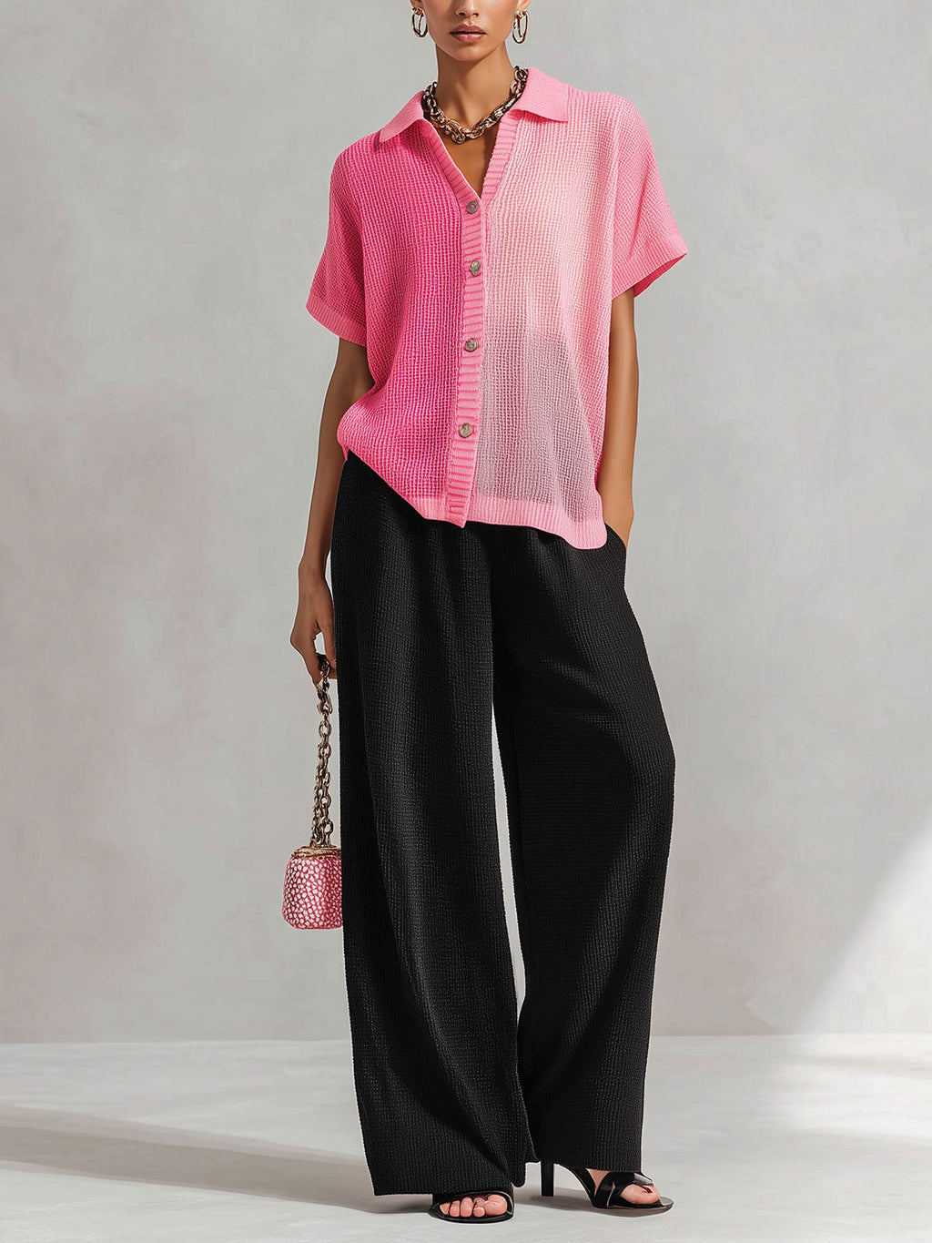 Chic Elegant Pink Colorblock Lapel Single-Breasted Short-Sleeve Loose-Fit Knit Cardigan Top Black Wide-Leg Pants Knit Two-Piece Set