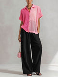 Chic Elegant Pink Colorblock Lapel Single-Breasted Short-Sleeve Loose-Fit Knit Cardigan Top Black Wide-Leg Pants Knit Two-Piece Set