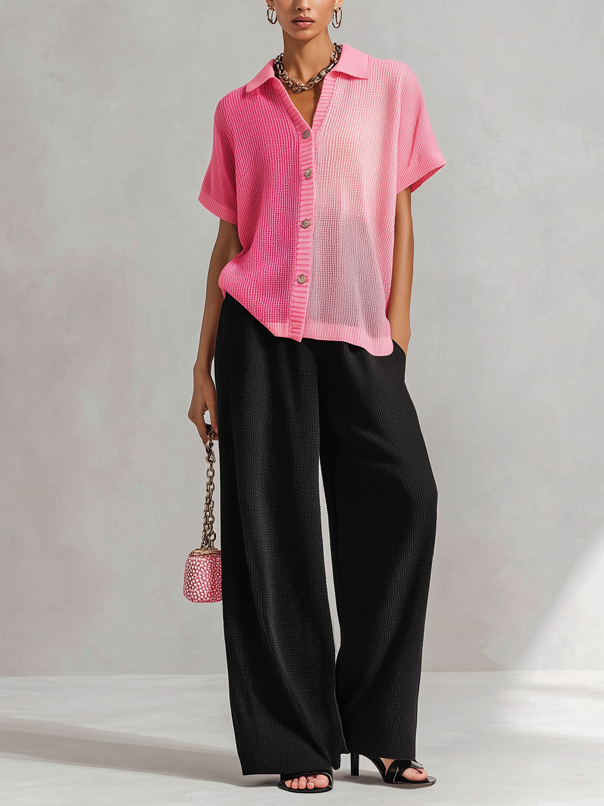 Chic Elegant Pink Colorblock Lapel Single-Breasted Short-Sleeve Loose-Fit Knit Cardigan Top Black Wide-Leg Pants Knit Two-Piece Set