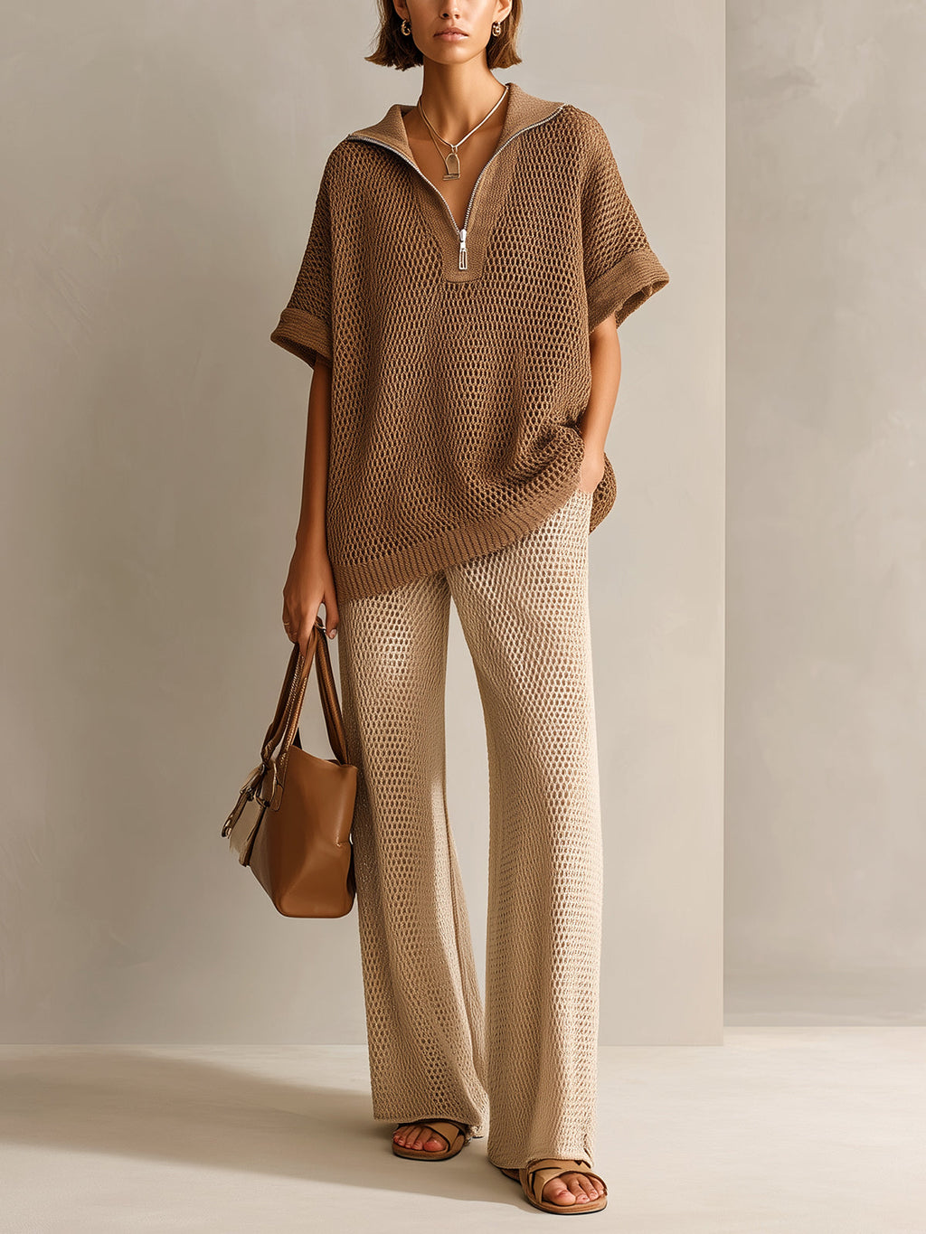 Chic Elegant Brown Zipper-Up Lapel Short-Sleeve Sweater Beige Wide-Leg Pants Mesh Knit Two-Piece Set