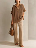Chic Elegant Brown Zipper-Up Lapel Short-Sleeve Sweater Beige Wide-Leg Pants Mesh Knit Two-Piece Set