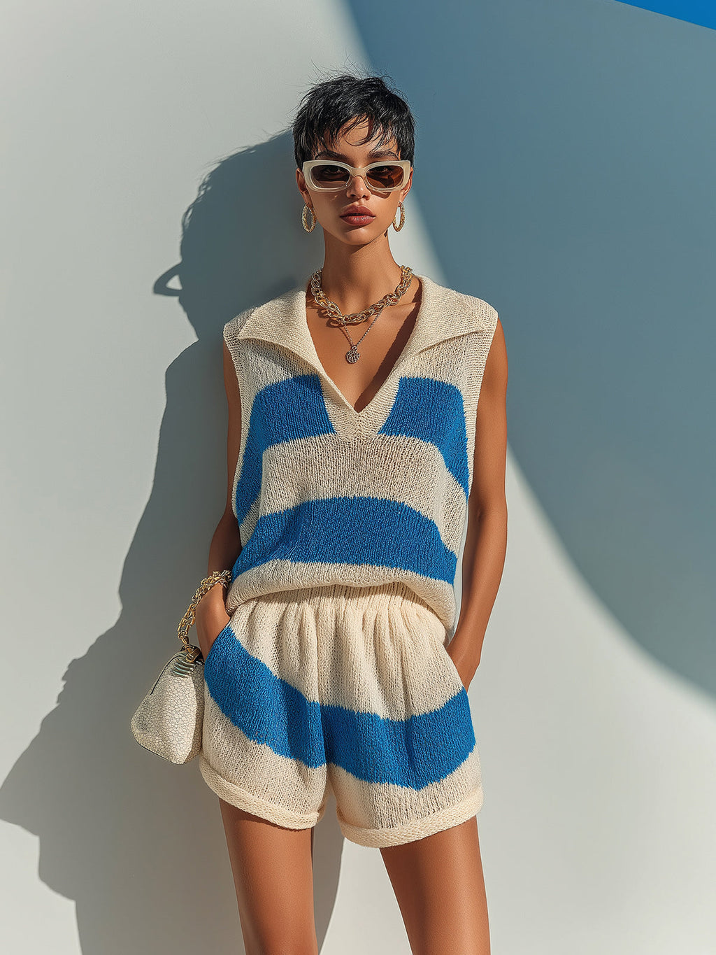 Chic Elegant Royal Blue-Beige Colorblock Lapel Collar V-Neck Loose-Fit Vest Elastic Waist Shorts Knit Two-Piece Set