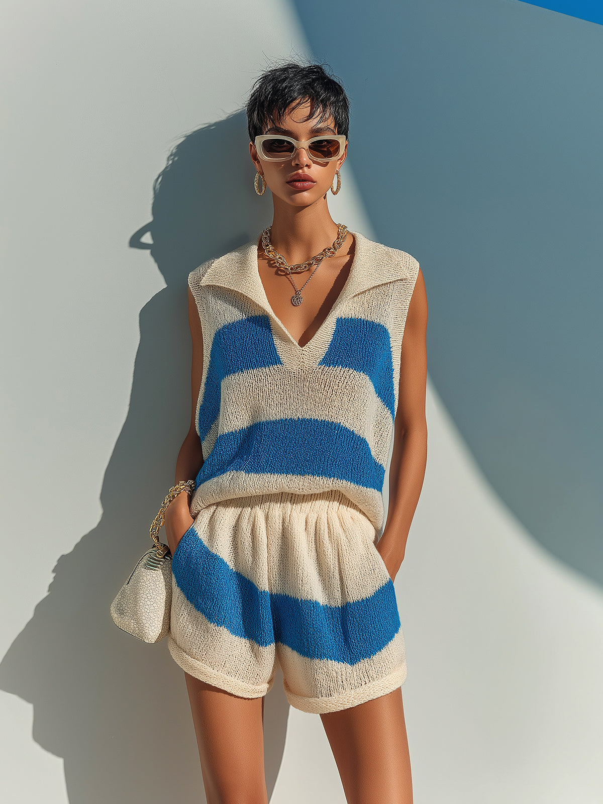 Chic Elegant Royal Blue-Beige Colorblock Lapel Collar V-Neck Loose-Fit Vest Elastic Waist Shorts Knit Two-Piece Set