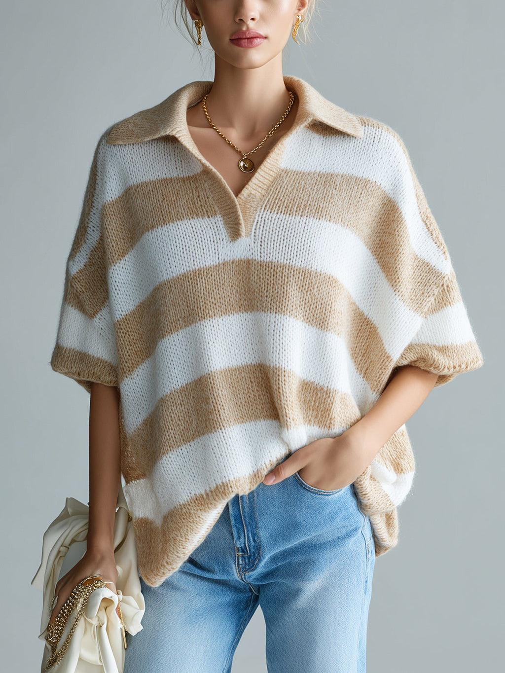 Chic Elegant Camel White Stripes Lapel V-Neck Short-Sleeve Oversize Knit Sweater Top