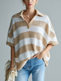 Chic Elegant Camel White Stripes Lapel V-Neck Short-Sleeve Oversize Knit Sweater Top