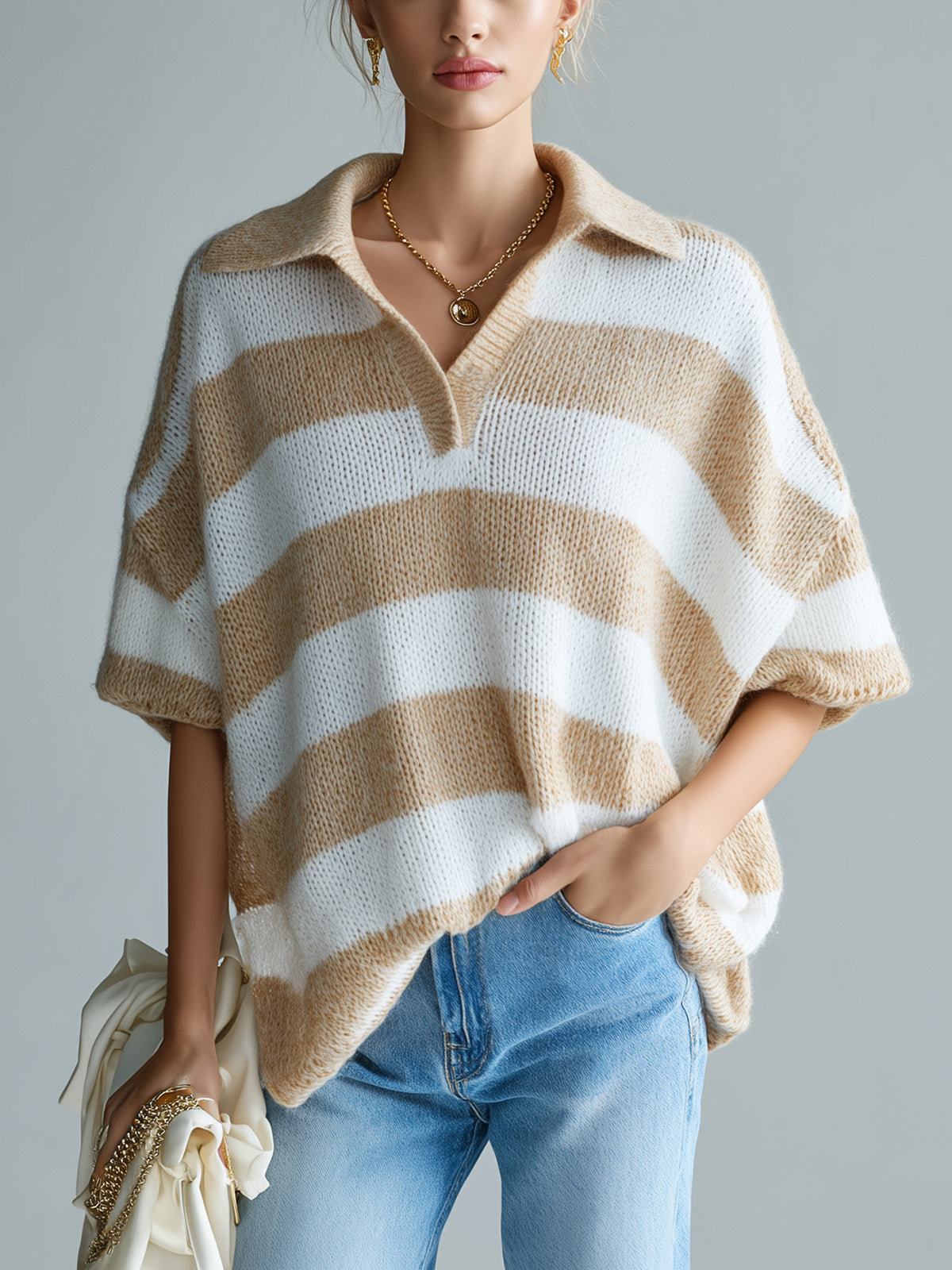 Chic Elegant Camel White Stripes Lapel V-Neck Short-Sleeve Oversize Knit Sweater Top